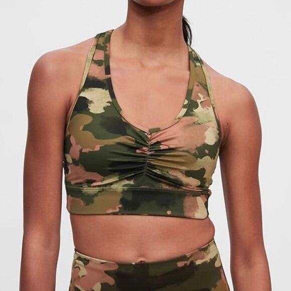 Gap Fit Eclipse Green & Pink Camo Longline T-Back Sports Bra - Picture 1 of 7